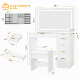 ANWBROAD 39.4" Makeup Vanity Desk with Glass Top & Power Outlet for Girls Women White Modern UBDT79W ANWBROAD