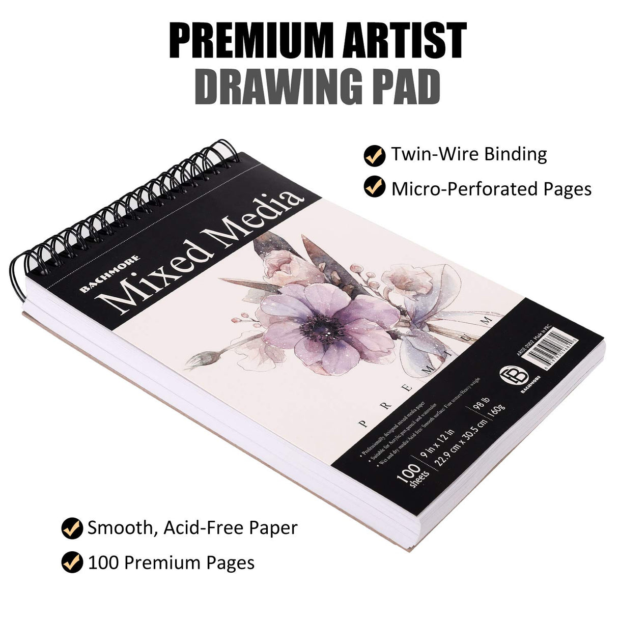 Bachmore Sketchpad 100 Sheet, Watercolor, Acrylic Art Pad for Sketching, Ink Sketch Book, Coloring Notebook - 98 Ib/160 g/m2 in Multi-Media Spiral Notebook, Drawing Paper, Drawing Pad (9'' X 12'') BACHMORE