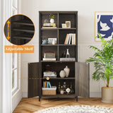 FATORRI Rustic Wood Bookshelf with Doors and Cabinet – Industrial Tall Bookcase in Walnut Brown FATORRI