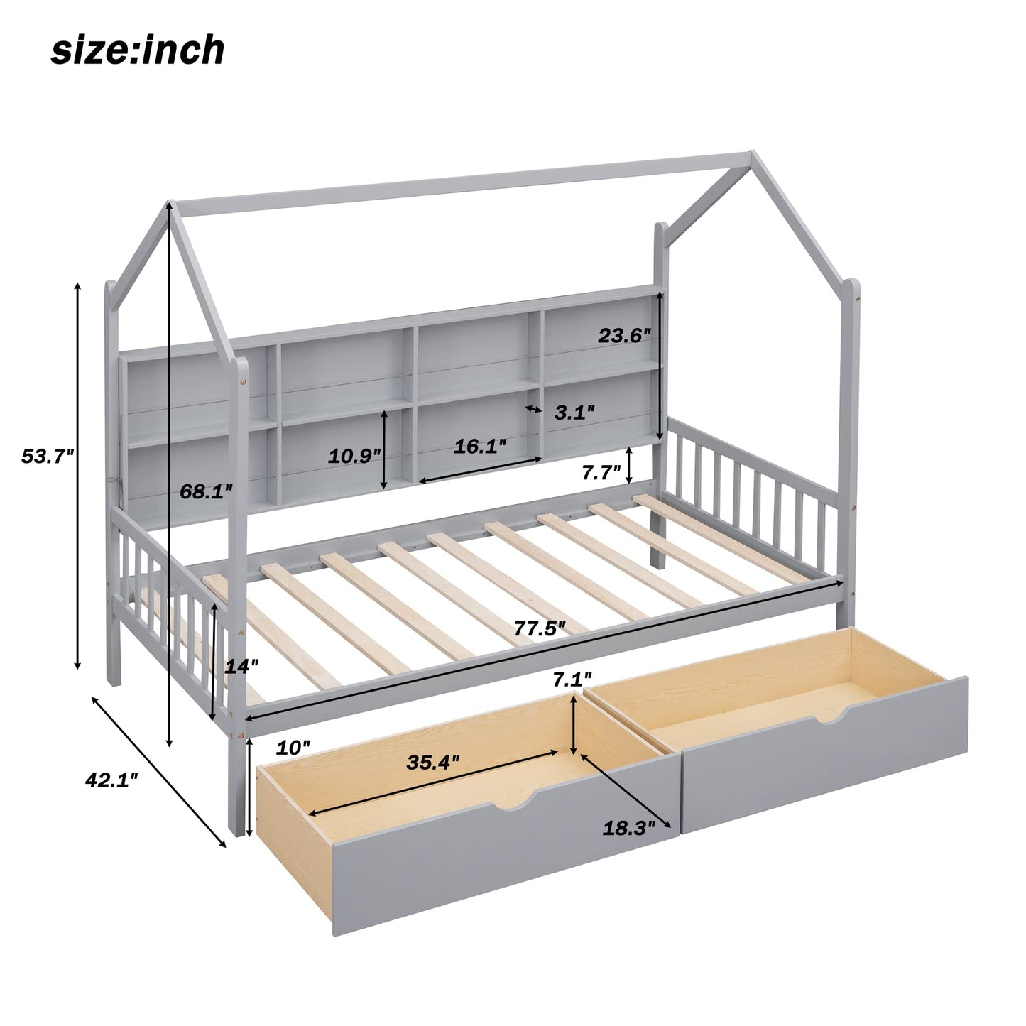 Bellemave Twin Size House Bed with Storage Drawers and Shelves - Gray Montessori Playhouse Frame for Kids - WoodArtSupply