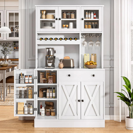 DWVO 71''H Kitchen Pantry Storage Cabinet with Power Outlet, Tall Cabinet with Doors, Shelves & Drawer, Buffet Cabinet with Goblet Holder and Wine Rack for Kitchen, Living Room (41''W, White) DWVO