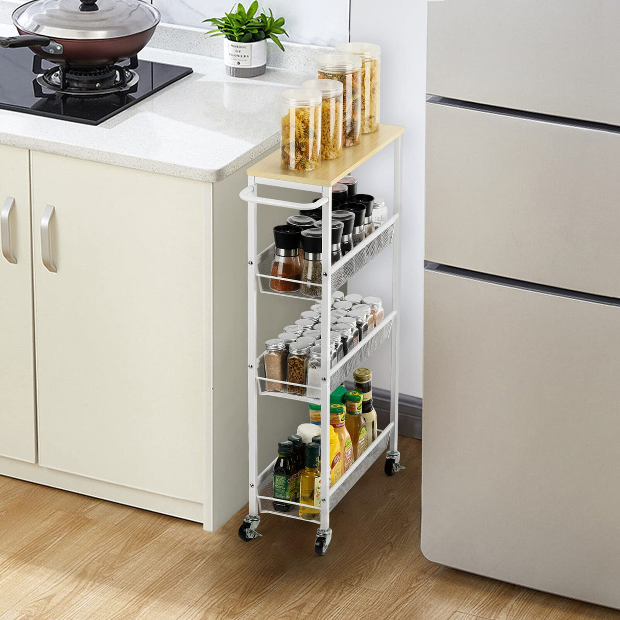MOOACE Slim Storage Cart, 4 Tier Rolling Kitchen Shelving Unit on Wheels Mobile Narrow Cart with Wooden Tabletop for Bathroom, Laundry Narrow Places, 16.6''x 7.3''x 31.1''inch - White MOOACE