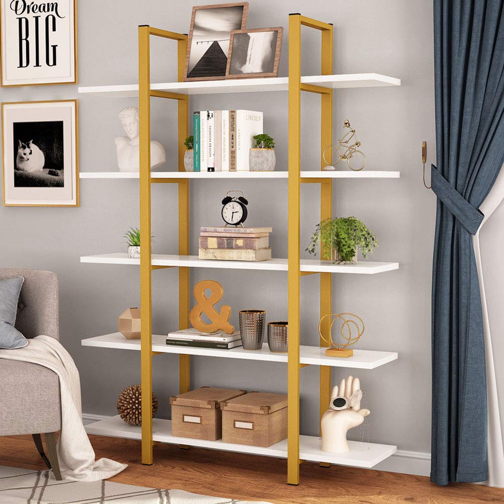 Tribesigns Vintage Industrial 5-Tier Bookshelf - Gold & White Etagere Bookcase 70" H x 47" L - WoodArtSupply