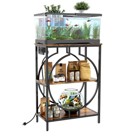 HavenlyYouth 10 Gallon Aquarium Stand with Power Outlet, 3 Tier Heavy Duty Metal Fish Tank Stand with Storage, Fish Tank Table for Home Office, 21.3" x 11.8" x 29", Rustic Brown HavenlyYouth