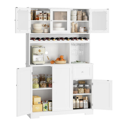 BOTLOG 71" Kitchen Pantry Cabinet, Tall Kitchen Hutch with Microwave Stand, Pantry Storage Cabinet with Wine Rack, Glass Holder for Dining Room, Home Bar, White - WoodArtSupply