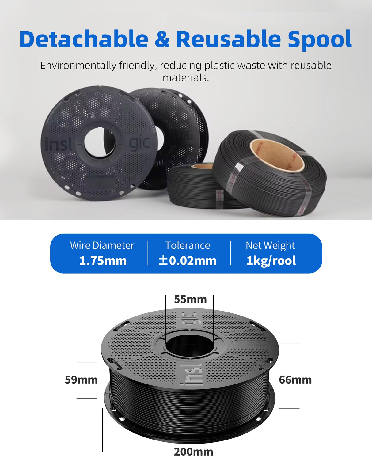 Inslogic High-Speed PLA Filament 1.75mm 3D Printer Filament, 50-600mm/s Rapid Printing PLA, Smooth Flow & No Clogging, 1kg Spool (2.2lbs) Fit Most FDM 3D Printers, Black Inslogic