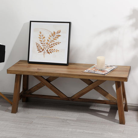 Wnutrees 43" Farmhouse Wood Bench, Rustic Solid Wood Entryway Bench Seat with Double X-Structure for Dining Room, Living Room, Hallway, Bedroom, Structural Stability, Natural Wnutrees