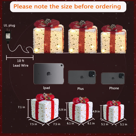 Christmas Decorations, Set of 3 Christmas Lighted Gift Boxes, Plush Christmas Ornaments with 60 LED Warm White Christmas Lights for Christmas Tree Skirt Fireplace Table Room Indoor Decor Aokudoni