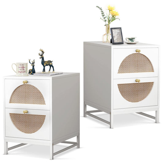 AWQM Rattan Nightstand Set of 2, End Side Table with 2 Rattan Drawers, Wood Square Bedside Table with Storage, Accent Sofa Table for Home Office Living Room Bedroom, White - WoodArtSupply