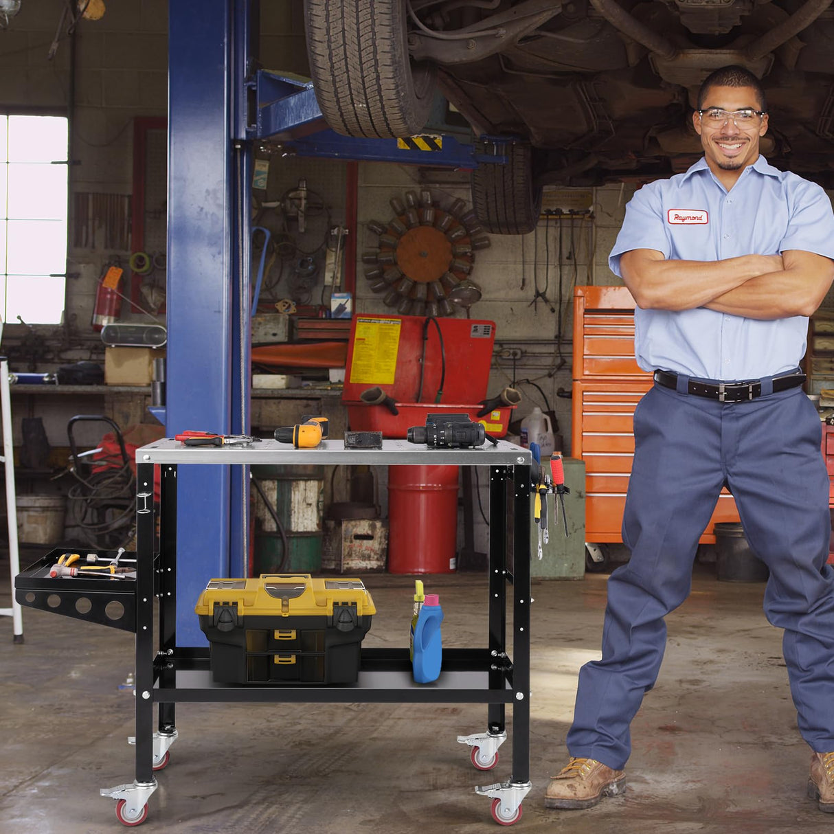 Toolsempire Welding Table, 1200 lbs Load Capacity Welding Workbench Table with Tool Rack & Tray, 5/8” Fixture Holes, Bottom Shelf, Portable Welding Cart with 4 Lockable Wheels for Welding, Sawing Toolsempire