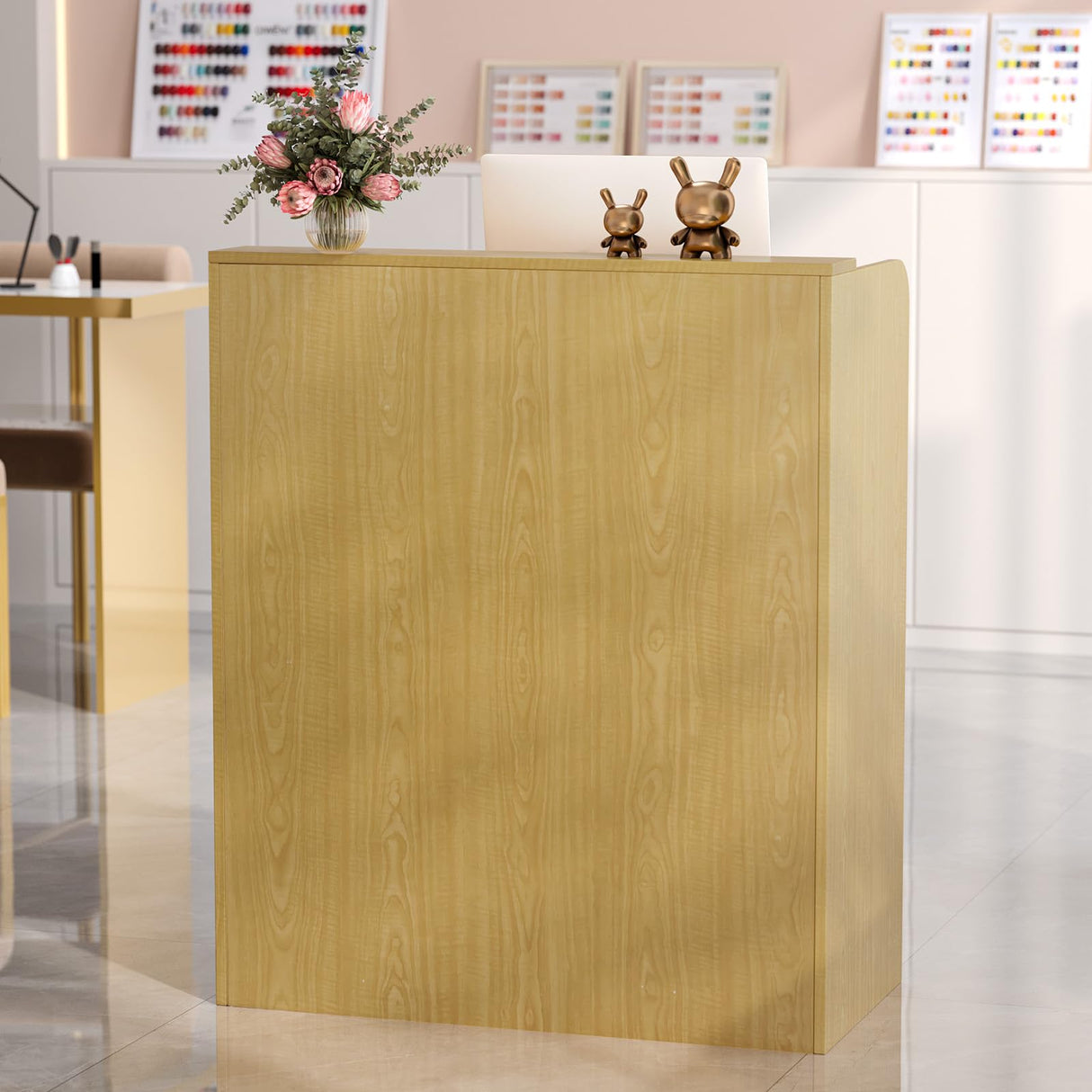 OmySalon Reception Desk with Counter, Small Front Desk w/Lockable Drawer, Wooden Modern Reception Table for Salon Lobby Office Home (Original Wood, 32) OmySalon