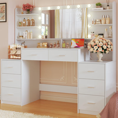 HUAHUU Large Vanity Desk with Mirror & Lights, White Makeup Vanity with 8 Drawers & 6 Storage Shelves, Vanity Set with LED Lights and Power Outlet, 3 Lighting Modes, Adjustable Brightness