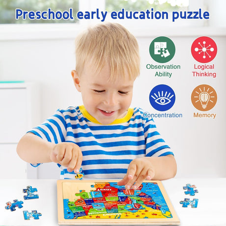 EggSun Wooden Puzzles for Kids Ages 4-6, 6 Packs 24Pcs Solar System States World Map Wooden Puzzles for Kids 3 4 5 6 Year Old, Preschool Educational Brain Toys Gifts for Boys and Girls EggSun