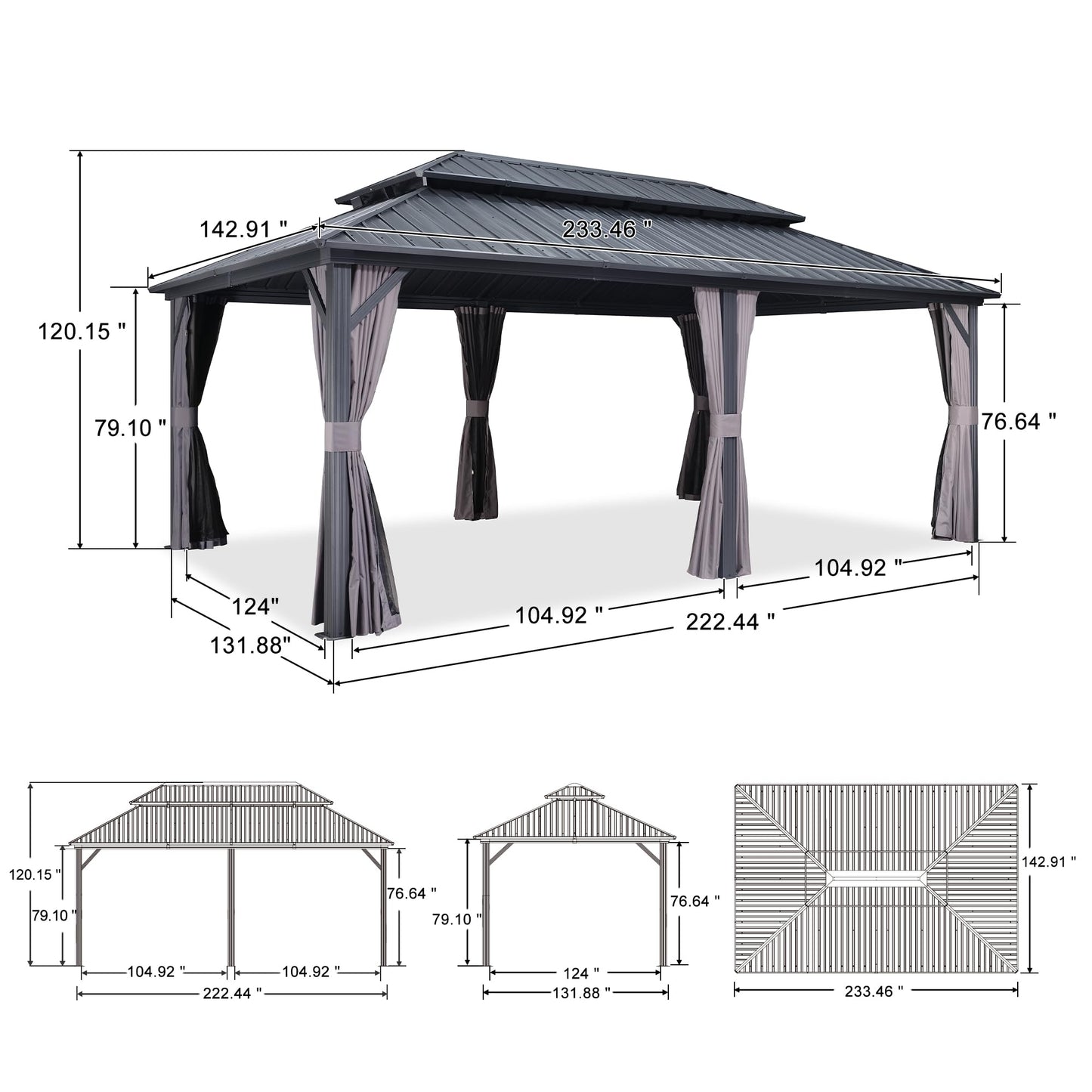 PURPLE LEAF 12' X 20' Patio Hardtop Gazebo Outdoor Pavilion Gazebo with Galvanized Steel Double Roof for Patio Lawn Garden Aluminum Gazebo with Mosquito Nets and Curtains Grey - WoodArtSupply