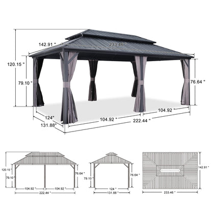 PURPLE LEAF 12' X 20' Patio Hardtop Gazebo Outdoor Pavilion Gazebo with Galvanized Steel Double Roof for Patio Lawn Garden Aluminum Gazebo with Mosquito Nets and Curtains Grey - WoodArtSupply