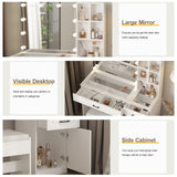 Vabches Vanity Desk Set with Lights and Mirror,White Makeup Desk with 3 Drawers & Storage Cabinet & Shelves,Glass Top Vanity Table Set with 10 Bulbs,3 Lighting Modes Adjustable Brightness Vabches