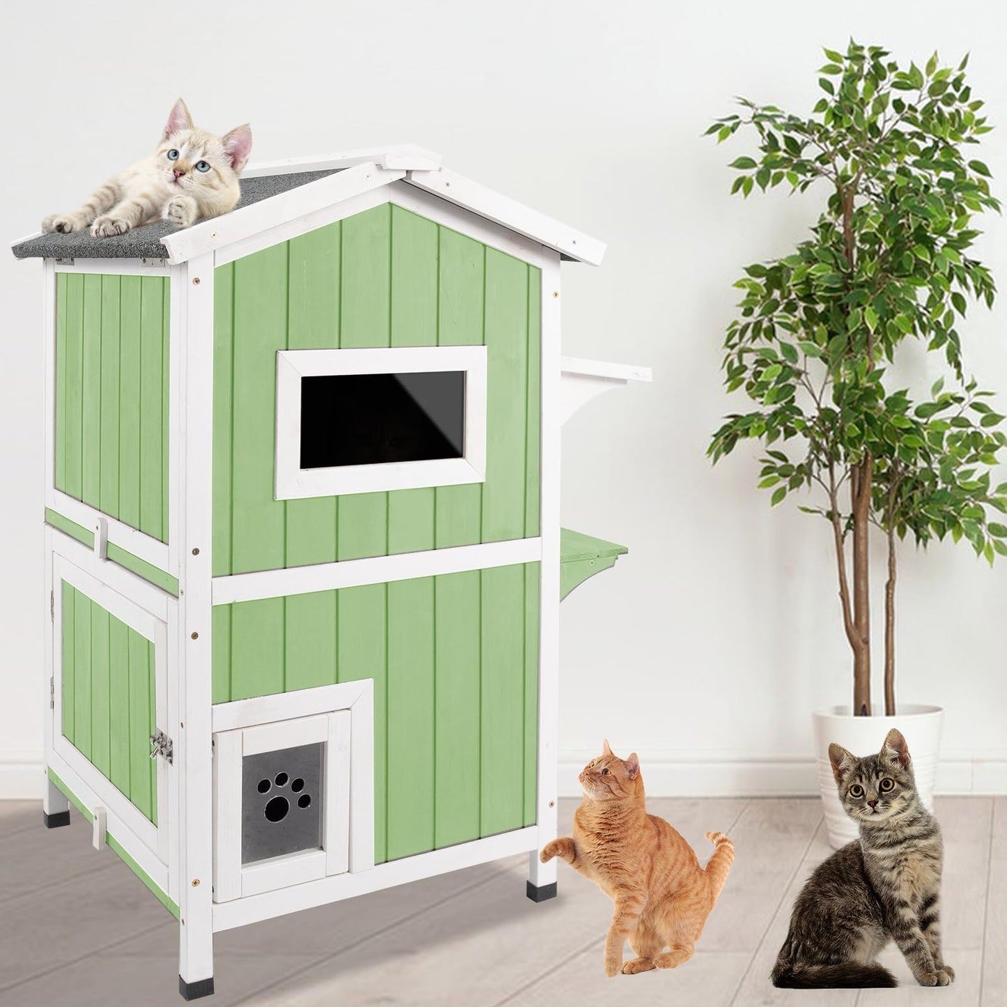 Gowoodhut Cat Houses for Outdoor Wooden Catio 2 Story Cat Shelter with Escape Doors Cat Condos with Weatherproof Roof,2 Removable Floors,Platform - WoodArtSupply