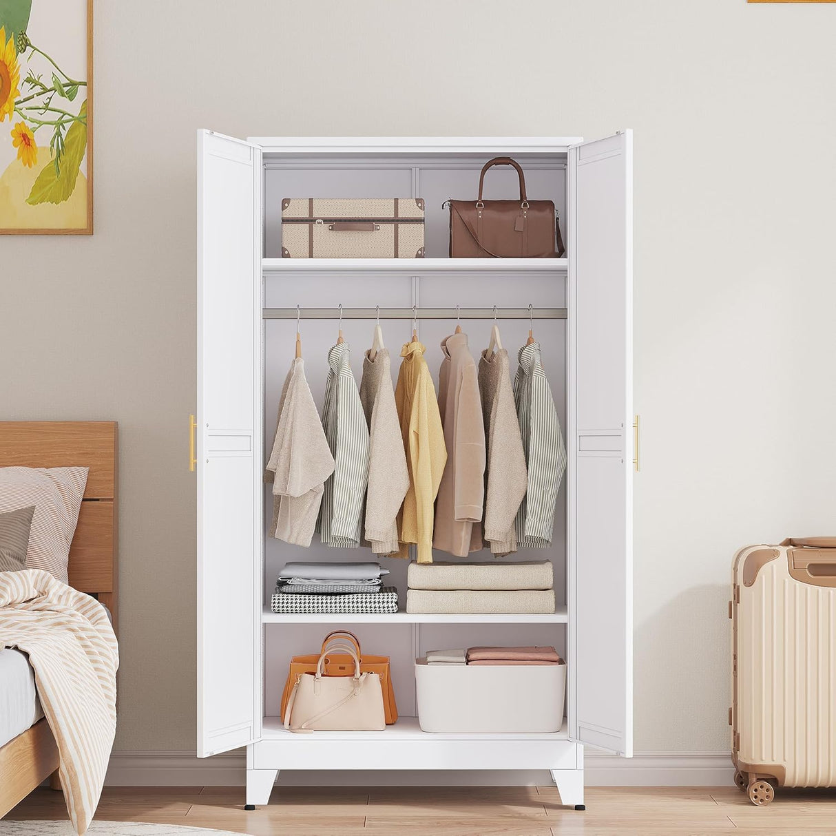 GAIOUS Metal Wardrobe Cabinet with Hanging Rod, 71" Metal Clothing Storage Cabinets with 2 Doors and Adjustable Shelves, White Armoire Wardrobe Closet for Bedroom, Laundry Room, Cloak Room GAIOUS