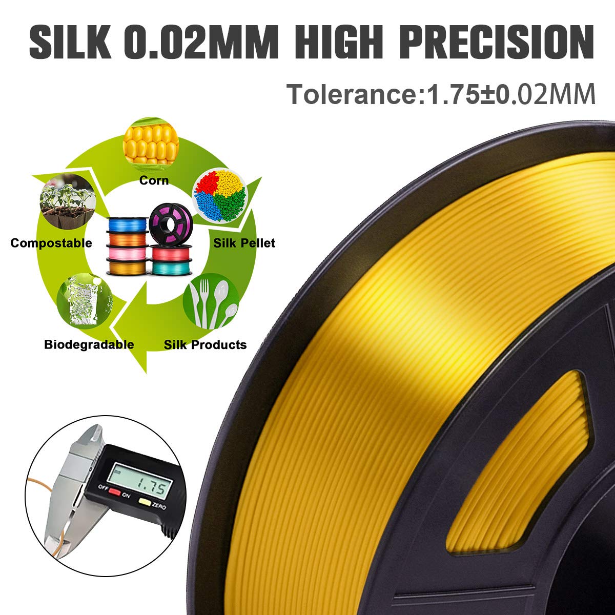 SUNLU Silk PLA Filament 1.75mm, Neatly Wound Shiny PLA 3D Printer Filament, Dimensional Accuracy +/- 0.02mm, Fit Most 3D Printers, Good Vacuum Packaging, 1kg Spool(2.2lbs), 330 Meters, Silky Gold SUNLU