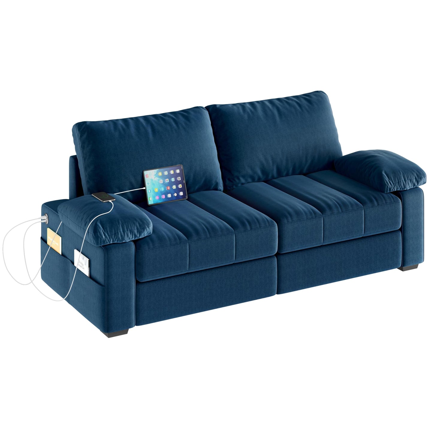 Yaheetech 79" Sofa Couch Modern Velvet Couch with Removable Covers & USB Ports Oversized Loveseat Sofas with Storage Pockets for Living Room Bedroom Apartment Blue