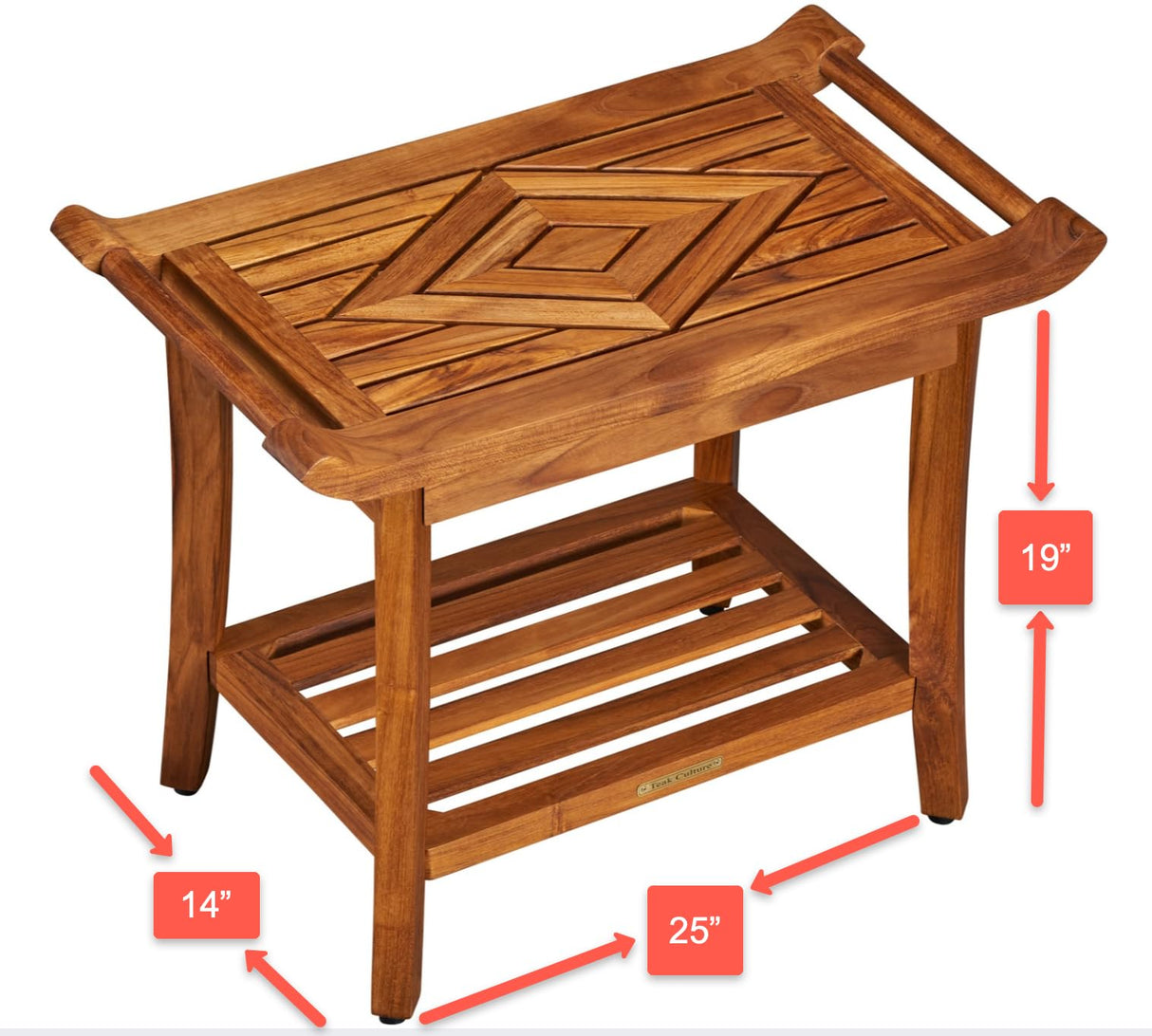 Luxury Teak Shower Bench Stool Seat Chair with Leveling Feet, Waterproof, Teak Oil Finish, Large, 25x19x14, for Bathroom, Spa, Sauna, Pool Deck, Patio, Garden, RV, from Our Diamond Collection Teak Culture