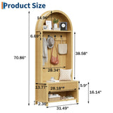 LSKTGA 70.86-inch Entryway Hall Tree, Farmhouse-Style Wooden Coat Rack Freestanding, Entryway Organizer with Four Hooks, Standing Shoe Rack with Bench for Hallways, Foyers, and Living Rooms, Natural LSKTGA