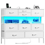REAHOME Dresser TV Stand with Charging Station and LED Lights, 55” TV Stand with 9 Drawers, Fabric Dresser for Bedroom, Steel Frame, Large Storage Chest of Drawers for Closet, Living Room, White REAHOME