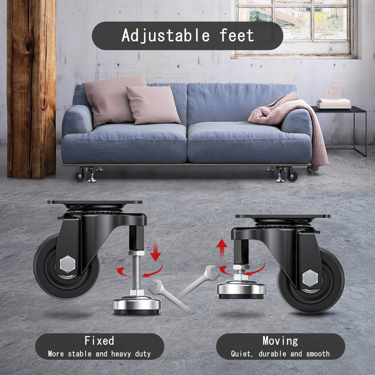 COOWOO 3" Leveling Plate Caster Wheels with Adjustable Anti-Vibration Leveling Foot Pad Heavy Duty Swivel casters for Workbench, Machine Equipment, COOWOO