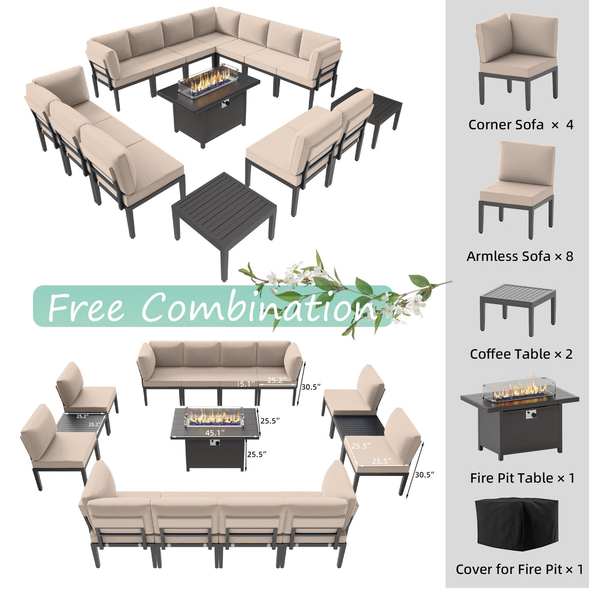 ALAULM 15 Pieces Metal Patio Furniture Set with Propane Fire Pit Table Modern Outdoor Furniture w/55000 BTU Fire Pit Patio Sectional w/5.1'' Sponge Cushions for Patio, Backyard, Poolside-Sand ALAULM