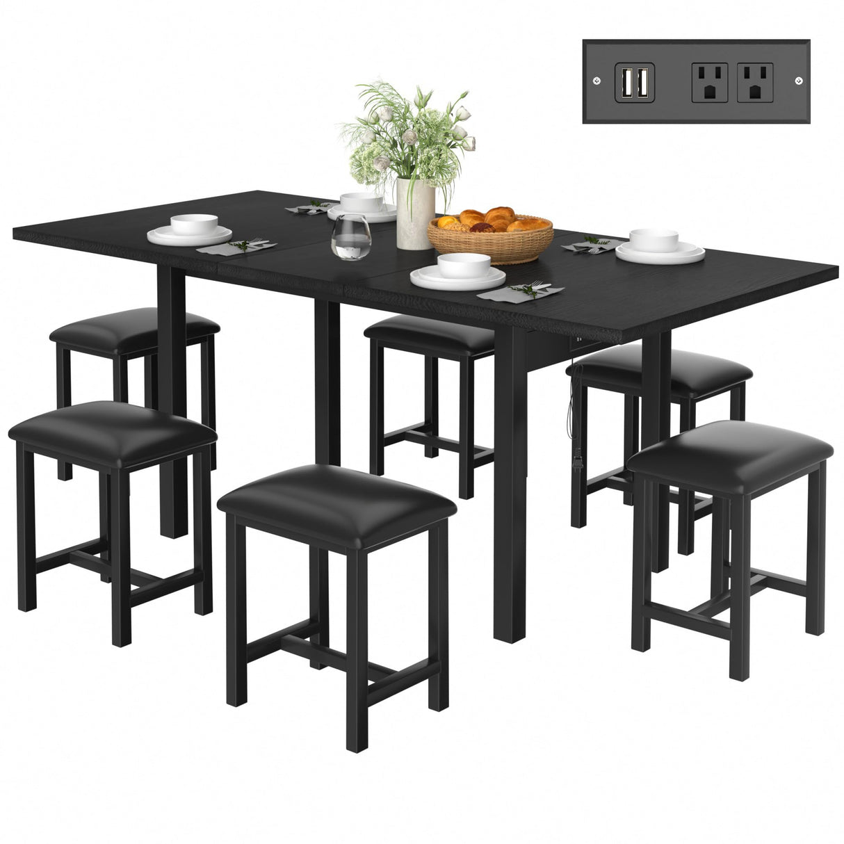 VECELO 7-Piece Dining Table Set with 6 Square Stools, 63" Expandable Kitchen Table with USB Charging & Metal Frame for 2/4/6, Wood Dinette Perfect for Small Spaces, Easy Assembly, Black VECELO