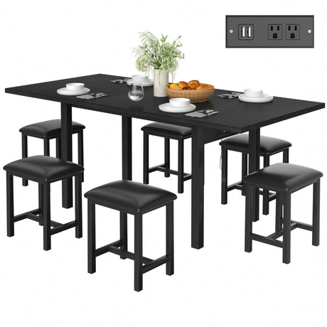VECELO 7-Piece Dining Table Set with 6 Square Stools, 63" Expandable Kitchen Table with USB Charging & Metal Frame for 2/4/6, Wood Dinette Perfect for Small Spaces, Easy Assembly, Black VECELO