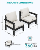 SERWALL HDPE Patio Loveseat Sofa, 2 Pieces Single Sofa, Weather-Resistant Outdoor Furniture Chair with Thick Removable Cushion, Balcony, Garden, Backyard, Poolside, Black Frame with Khaki Cushion SERWALL