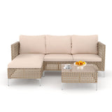 JHSDFOUIH Patio Furniture Set, Outdoor Couch with Glass Coffee Table&Thick Cushion, Wicker Chaise Longue Sofa Set, All-Weather PE Rattan Conversation Set for Garden, Deck, Poolside(3pcs Yellow&Beige) JHSDFOUIH