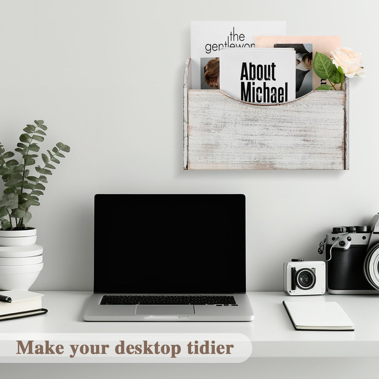 Suzile Wall Mounted File Holder Wood Magazine Holder Wall Hanging File Organizer for Office Mail Magazine Letter Paper Folder Organization(White) Suzile