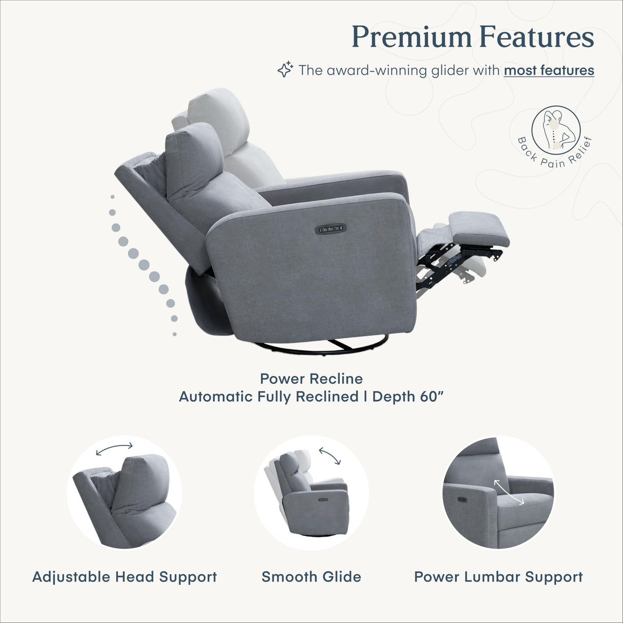 Nurture& The Glider Plus - Premium Nursery Power Recliner | Swivel Chair with Adjustable Head Support and Adjustable Lumbar Support | Built-in USB - The Ultimate Comfort for Nursing, Relaxing (Gray) Nurture&