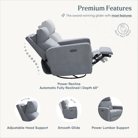 Nurture& The Glider Plus - Premium Nursery Power Recliner | Swivel Chair with Adjustable Head Support and Adjustable Lumbar Support | Built-in USB - The Ultimate Comfort for Nursing, Relaxing (Gray) Nurture&