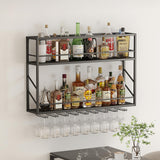 Woskar Wall Mounted Wine Rack 2 Tier, Metal Bar Liquor Shelves and Glass Holder,Wall Bar Shelf Wine Display Storage Holder for Home Bar, Dining Room, Kitchen(31.4×7.8×26in) Woskar
