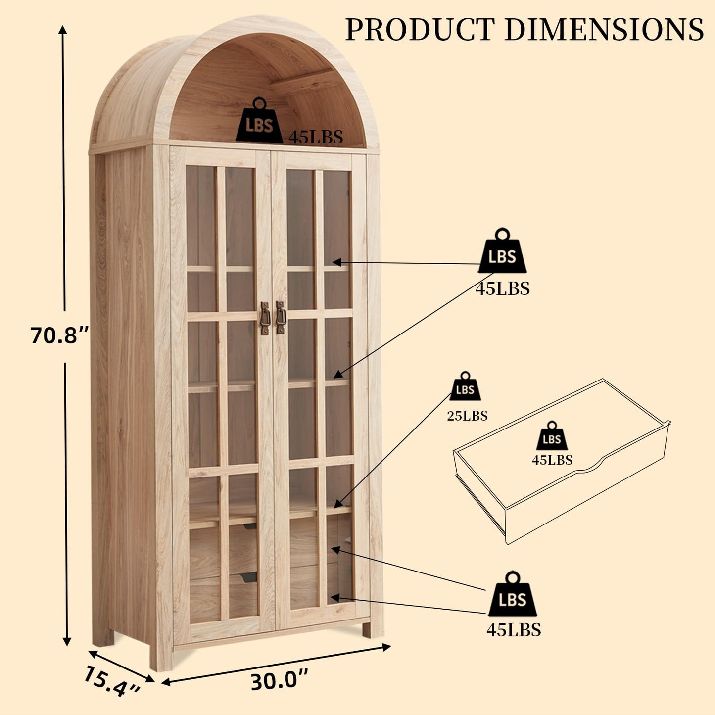 71" Tall Arched Kitchen Pantry Storage Cabinet with Glass Doors, 5 Tier Modern Bookshelf with 2 Drawers, Wooden Storage Cabinet with Doors and Shelves for Living & Dining Room, Bathroom, Laundry Room