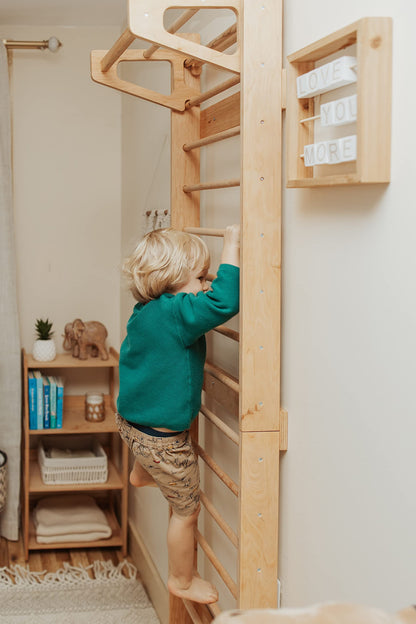 WOOD&ROOM Indoor Montessori Swedish Stall Bars Climbing Wall for Toddlers with Climber Ramp Wooden Swedish Ladder Stall Bars Climber for Kids Gymnastic Wall (no Slide)