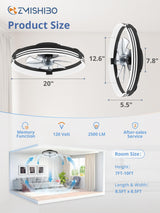 ZMISHIBO Low Profile Ceiling Fans with Lights and Remote, 20 Inch Flush Mount Ceiling Fan with Light, 3000K-6000K Dimmable Fandelier LED Fan Light, 6 Wind Speeds Black Ceiling Fans for Bedroom ZMISHIBO