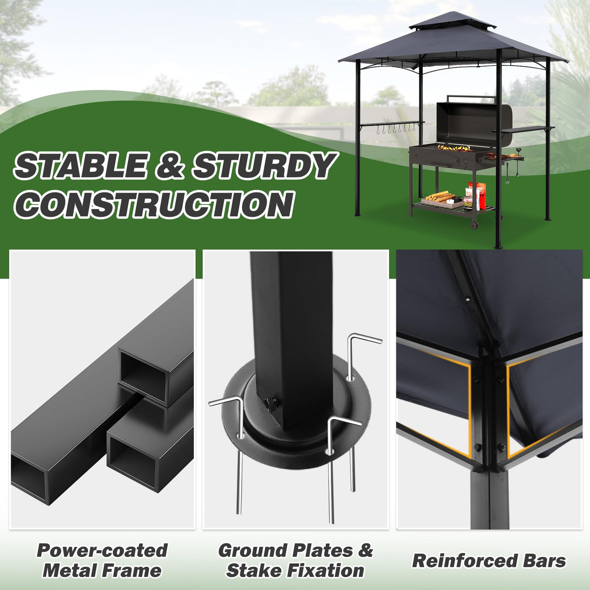 GARTOO 8'x5' Outdoor Grill Gazebo - Double Roof BBQ Gazebo Canopy with 2 Side Shelves and LED Lights, Patio BBQ Pergola Shelter for Garden, Porch and Backyard (Grey) GARTOO