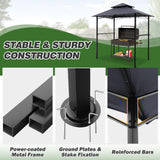 GARTOO 8'x5' Outdoor Grill Gazebo - Double Roof BBQ Gazebo Canopy with 2 Side Shelves and LED Lights, Patio BBQ Pergola Shelter for Garden, Porch and Backyard (Grey) GARTOO