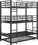Virubi Twin Over Twin Triple Bunk Bed with Trundle,Detachable Metal Bunk Bed Twin Over Twin 3 Bed Bunk Beds for Kids Twin Bunk Bed with with 2 Ladders and Guardrails (Black) Virubi