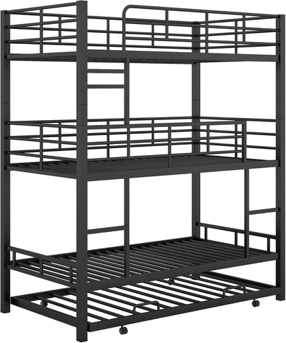 Virubi Twin Over Twin Triple Bunk Bed with Trundle,Detachable Metal Bunk Bed Twin Over Twin 3 Bed Bunk Beds for Kids Twin Bunk Bed with with 2 Ladders and Guardrails (Black)