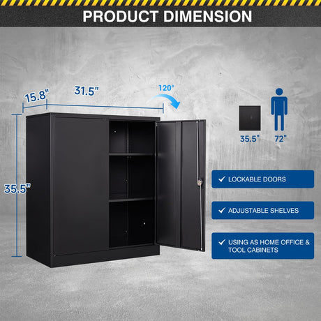 Fesbos Metal Storage Cabinet-36” Tall Steel File Cabinets with Lockable Doors and Adjustable Shelves-Black Steel Storage Cabinet for Home Office, School, Garage Fesbos