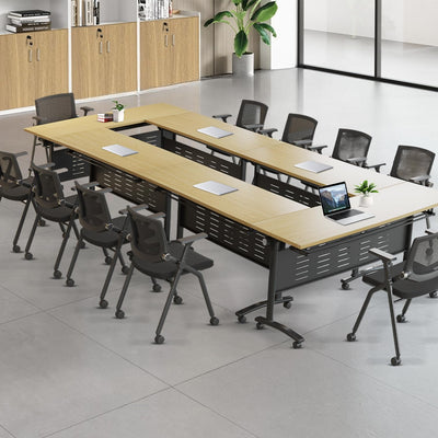 Conference Room Table, 14FT Large Folding Conference Table for 10-18 People, Training Tables with Caster Wheels, Business Style Wooden Meeting Seminar Table with Strong Metal Frame, Flip Top