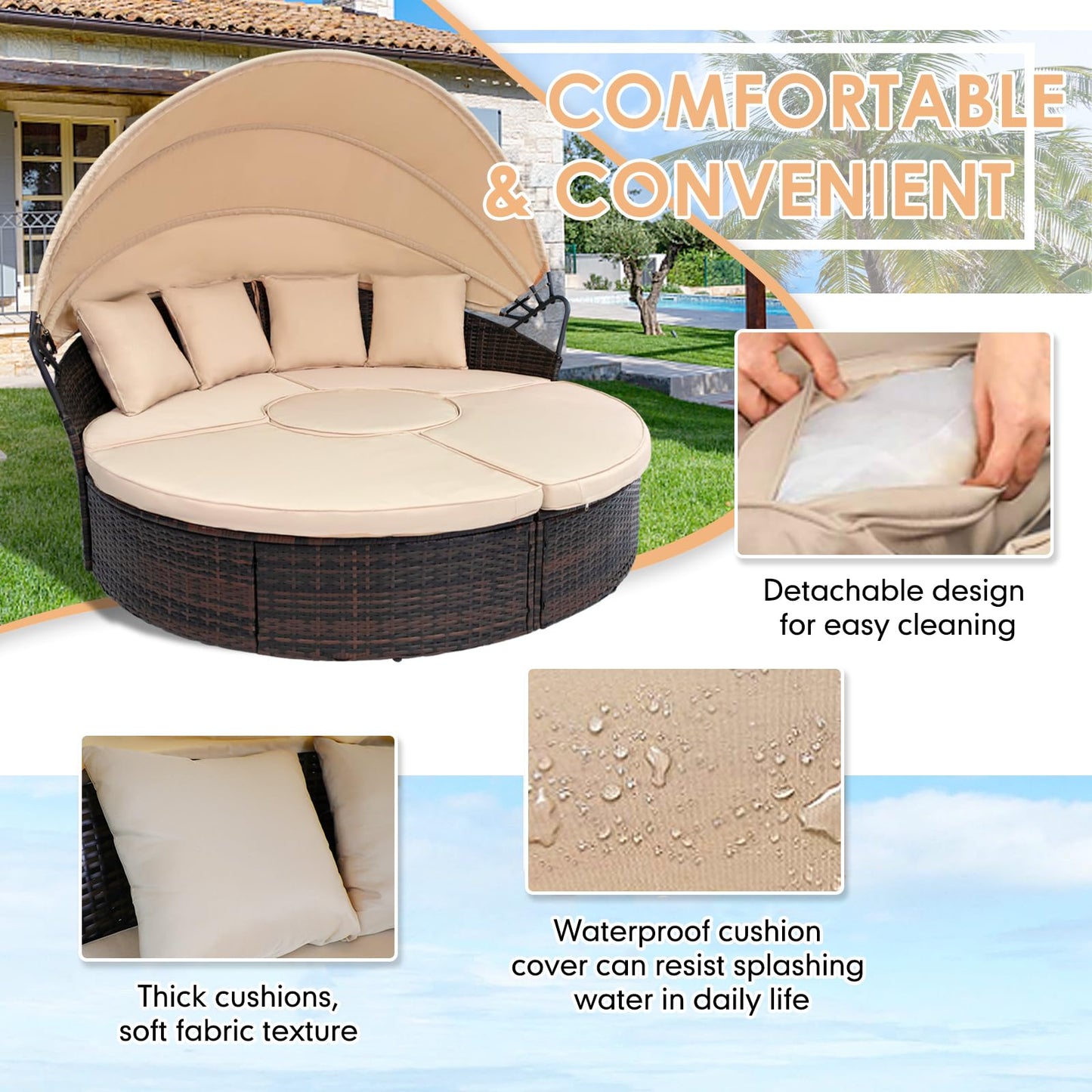 SUNCROWN Outdoor Patio Round Daybed with Retractable Canopy, Brown Wicker Furniture Sectional Couch with Washable Cushions, Backyard, Porch - WoodArtSupply