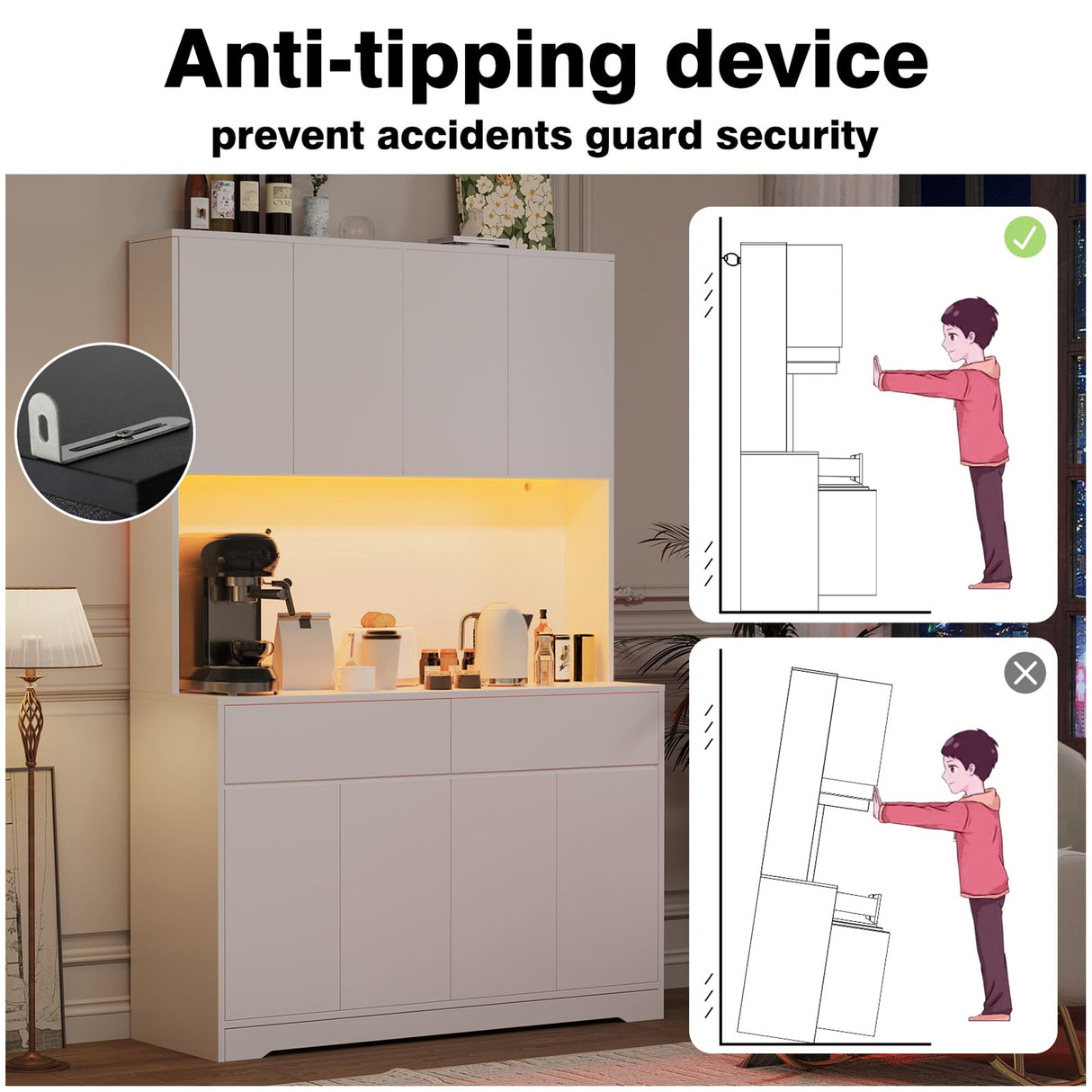 Hlivelood 71" Tall Kitchen Pantry Storage Cabinet w/Power Outlet and Led Light, Large Kitchen Hutch Pantry Cabinet w/ 2 Drawer and 8 Doors,Modern Freestanding Buffet Cabinet for Kitchen,Dining Room Hlivelood