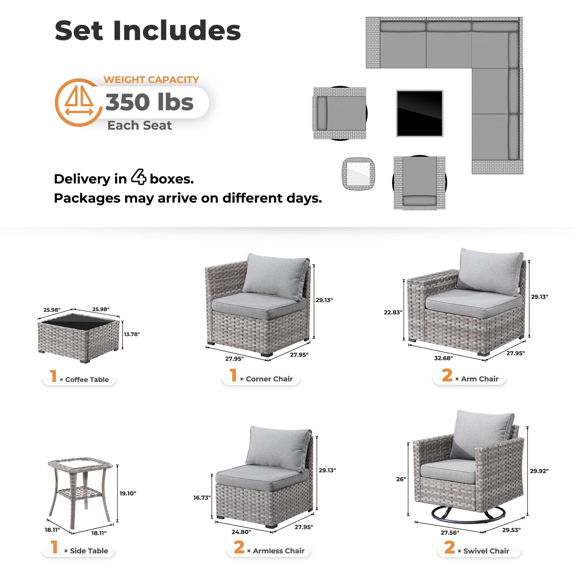 ovios 9 Pieces Patio Furniture Set, Outdoor Sectional Sofa with Swivel Rocking Chairs, Wide Arms and Deep Seat, Modular Wicker Rattan Conversation Set, Dark Grey - WoodArtSupply