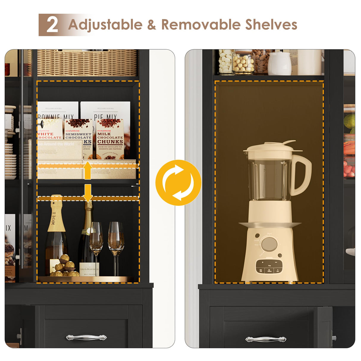 HIFIT 74.4'' Tall Kitchen Pantry Storage Cabinet, 63'' Wide Large Kitchen Hutch, Farmhouse Pantry Cabinet, Bookcases and Bookshelves with 6 Drawers & 4 Doors, Black Glass China Hutch for Living Room HIFIT